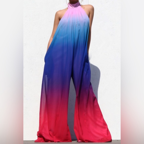 Vibrant Pink and Blue Ombré Women's Flowy Jumpsuit - Picture 1 of 11